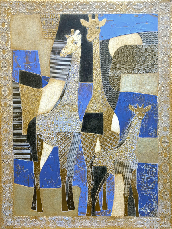 60x80cm GIRAFES.  Aspect doré et bleu